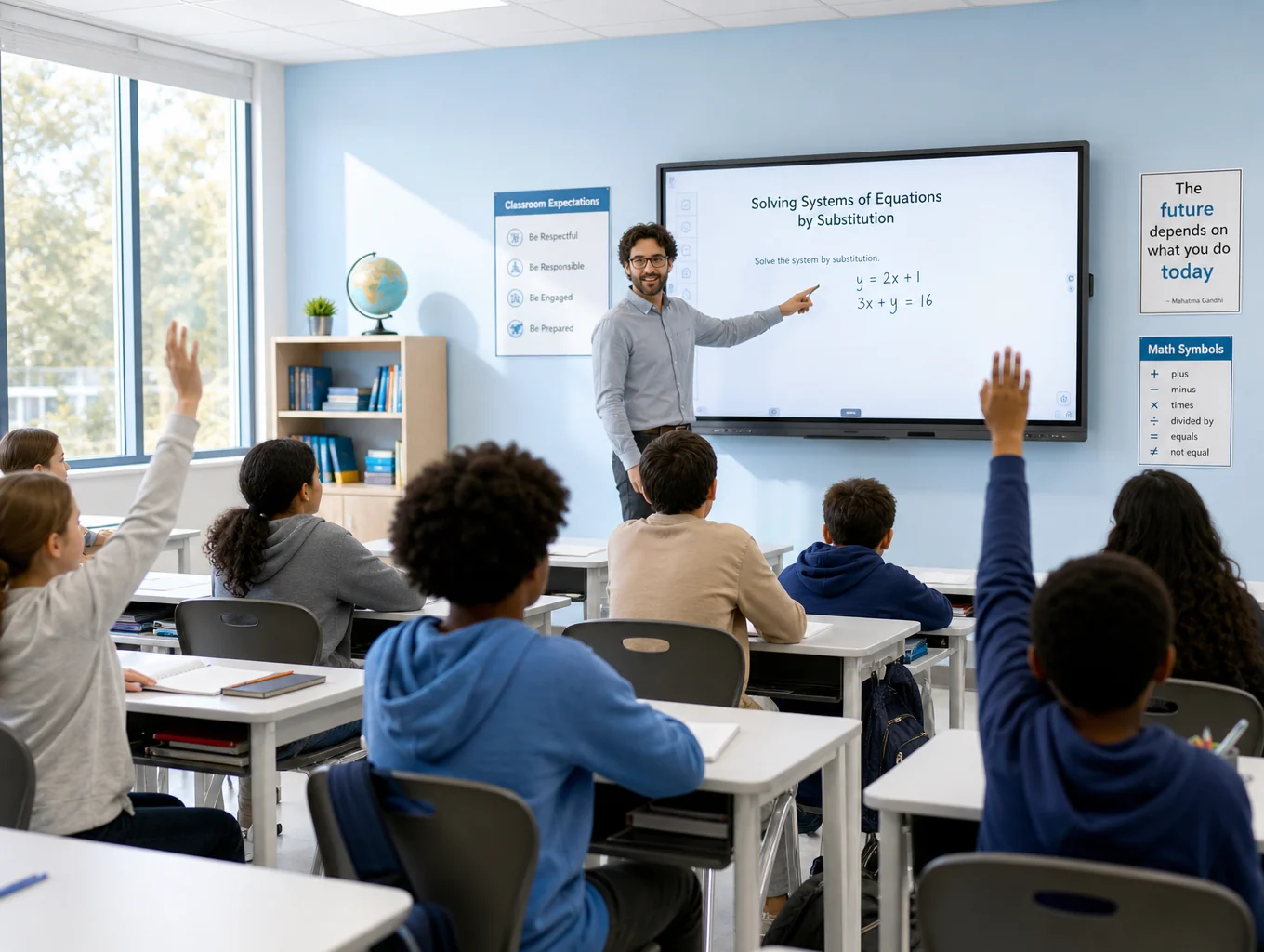 Docente principiante interactuando con estudiantes en una sala de clases