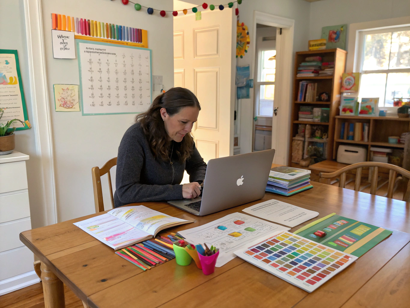 Profesora examinando guías y recursos educativos en el laboratorio de pedagogía